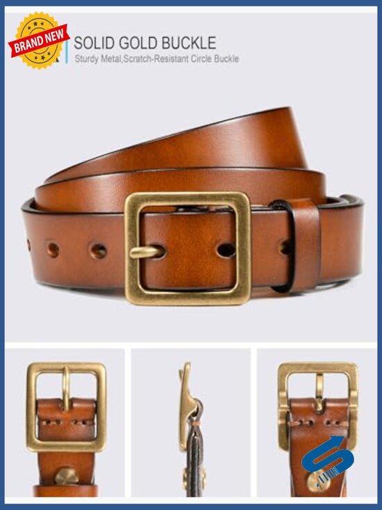 Full Grain Leather Belt with Vintage Square Buckle display picture 3